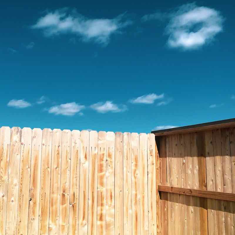 Top of a new cedar privacy fence against a blue sky